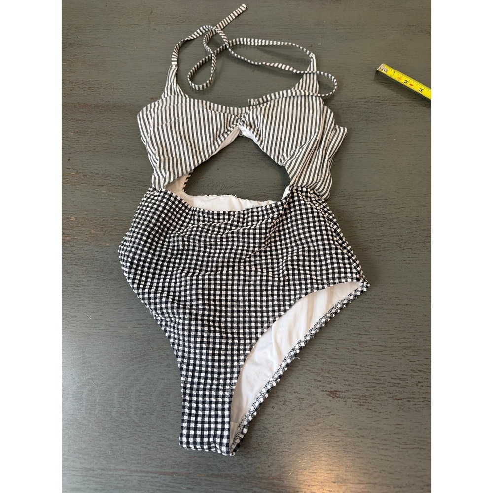 Aerie Gingham Striped Cutout One Piece Swimsuit Black White XS Cheeky Monokini